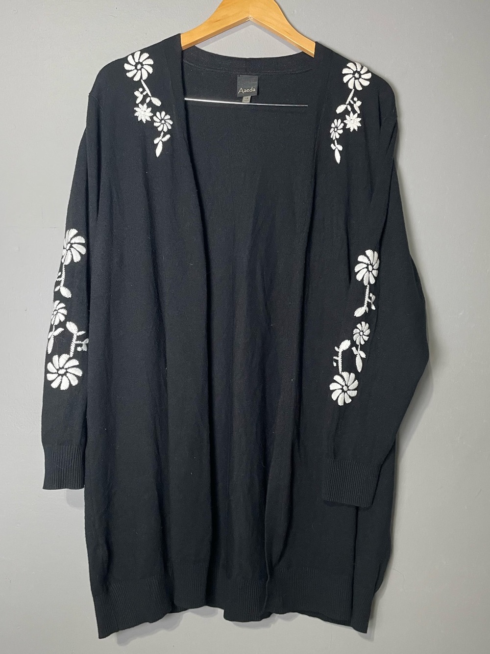 Aaeda Black Cardigan with White floral Embroidery Boho Work Casual